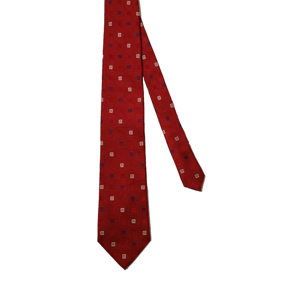 Michael by Michael Kors Mens Silk Tie Red Navy Blue White Checks 3.5"x59"